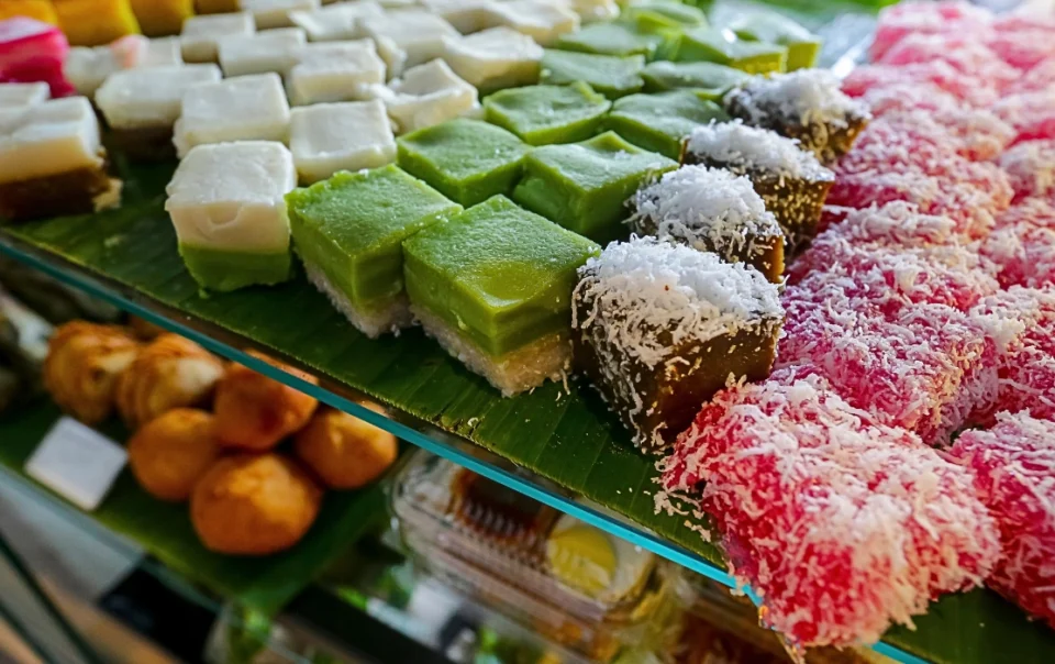Colorful layered kueh lapis on display at Gaya Street Sunday Market in Kota Kinabalu, Sabah